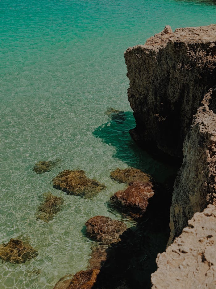 Dramatic rocky cliffs meet clear turquoise sea on the Adriatic coast, offering a stunning natural landscape.